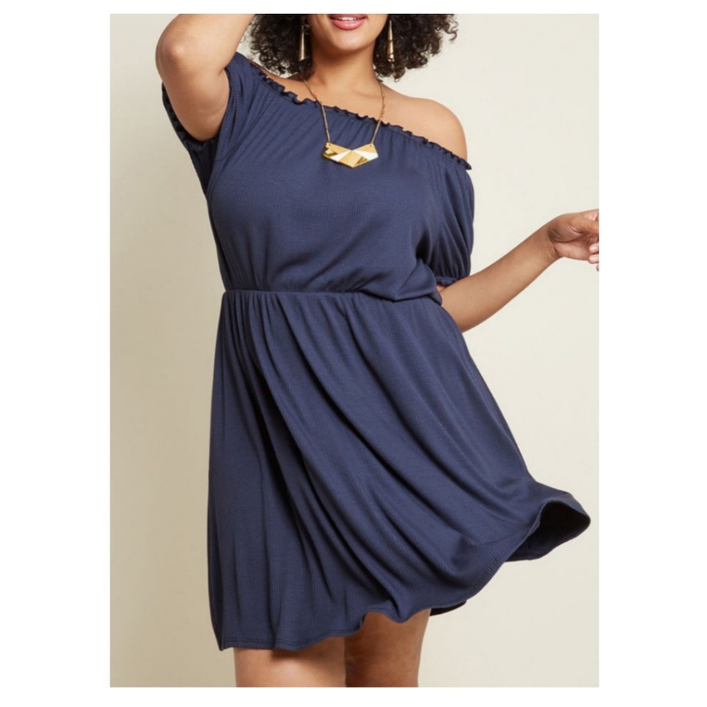 Navy Off Shoulder Knit Dress